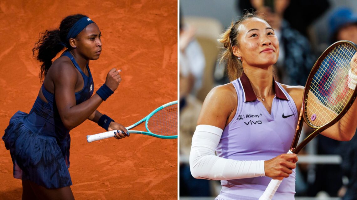 Split image of Coco Gauff playing at the 2025 French Open (L) and Qinwen Zheng playing at the 2025 French Open (R)