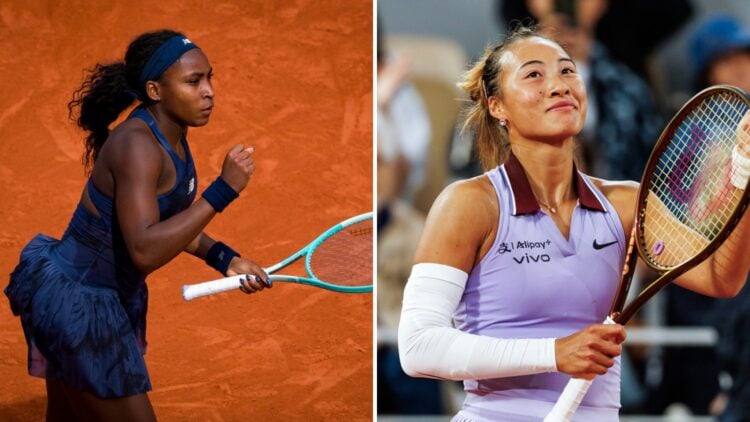 Split image of Coco Gauff playing at the 2025 French Open (L) and Qinwen Zheng playing at the 2025 French Open (R)