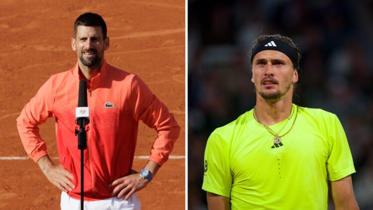 Split image of Novak Djokovic of Serbia is interviewed following victory against Cameron Norrie of Great Britain during the Men's Singles Fourth Ro...