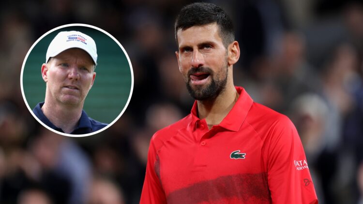 Image of Novak Djokovic looking on during his win over Alexander Zverev at the 2025 French Open, inset of Jim Courier looking on at the 2016 Davis Cup