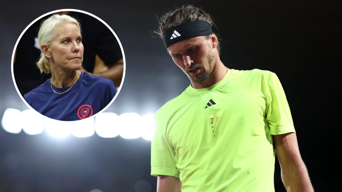 Alexander Zverev of Germany looks on against Novak Djokovic of Serbia during the Men's Singles Quarter Final match on Day Eleven of the 2025 French...