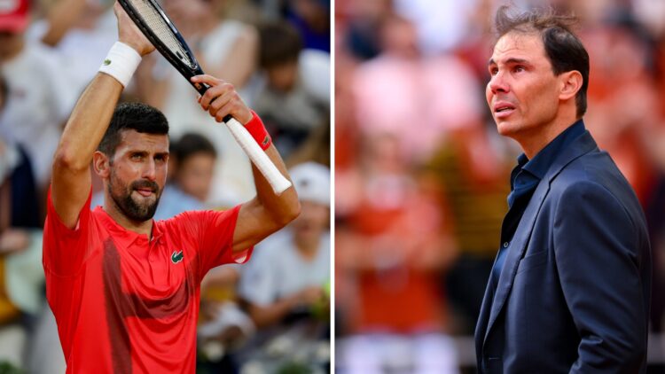 Split image of Novak Djokovic of Serbia thanks supporters for standing during the 2025 French Open Day 5 at Roland Garros and Rafael Nadal stands o...