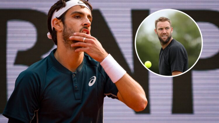 Lorenzo Musetti reacts at the 2025 French Open, inset Jack Sock looks on during the 2022 Ilkley Trophy