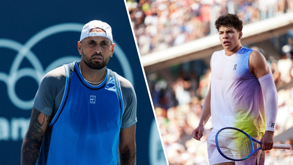 Split image of Nick Kyrgios of Australia looks dejected during his match against Karen Kachanov of Russia in the second round of the men's singles ...