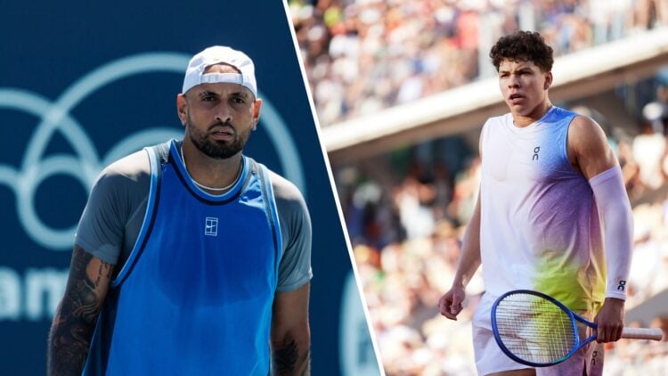 Split image of Nick Kyrgios of Australia looks dejected during his match against Karen Kachanov of Russia in the second round of the men's singles ...