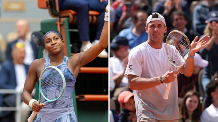 Split image of Coco Gauff (L) and Tommy Paul (R) celebrating at the 2025 French Open