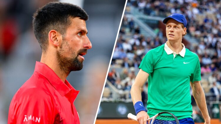Split image of Novak Djokovic looking on during his win over Alexander Zverev at the 2025 French Open, image of Jannik Sinner looking on during his...
