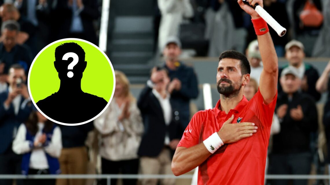 Image of Novak Djokovic acknowledging the crowd after his win over Alexander Zverev at the 2025 French Open, inset of a male mystery player