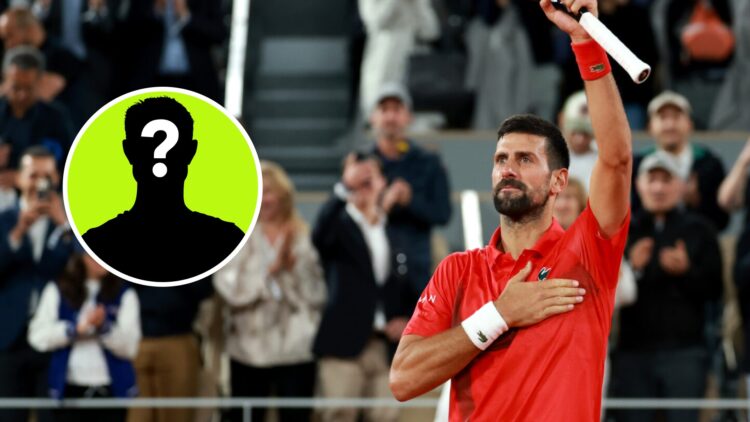 Image of Novak Djokovic acknowledging the crowd after his win over Alexander Zverev at the 2025 French Open, inset of a male mystery player