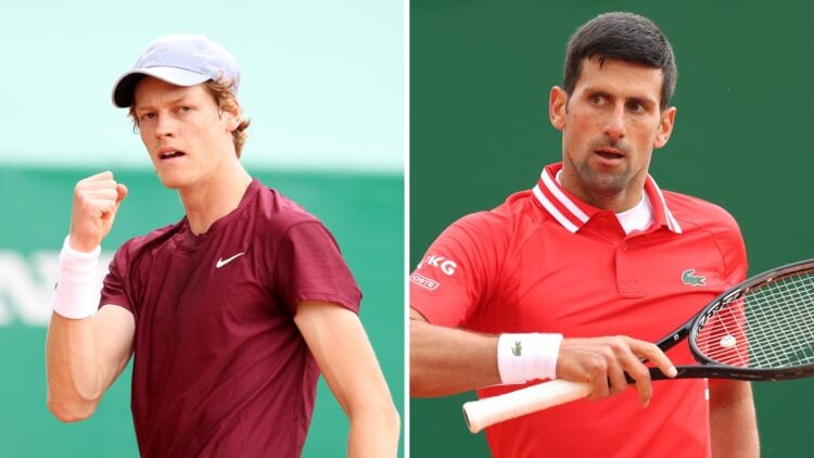 Split image of Jannik Sinner of Italy celebrates a point during their Round 32 match against Novak Djokovic of Serbia during day four of the Rolex ...