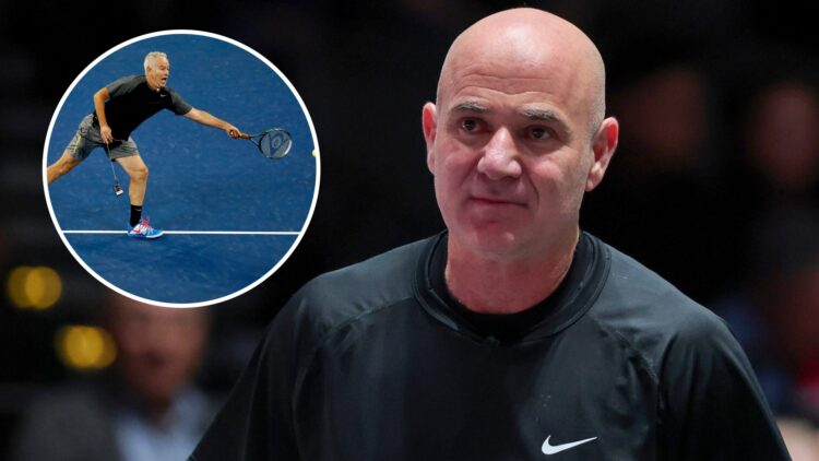 Andre Agassi looks on during Pickleball Slam 3 in 2025, inset John McEnroe plays an exhibition match at the 2014 US Open