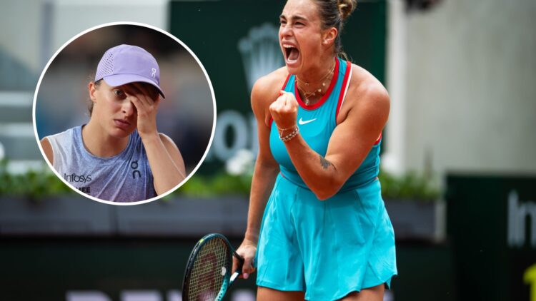 Aryna Sabalenka celebrates at the 2025 French Open, inset Iga Swiatek looks on disappointed at the 2025 French Open