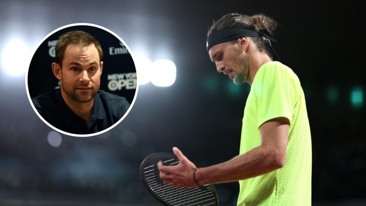 Image of Alexander Zverev looking on during his defeat to Novak Djokovic at the 2025 French Open, inset of Andy Roddick speaking at a press confere...