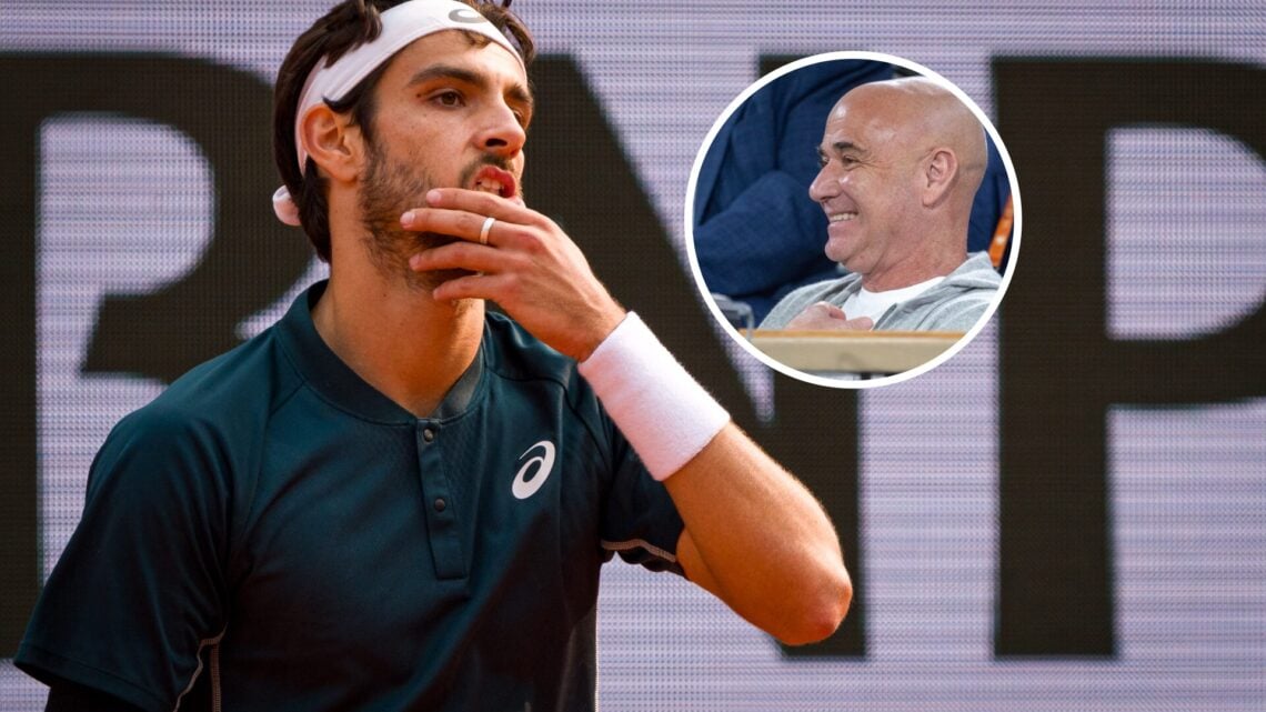 Lorenzo Musetti at the French Open and Inset: Andre Agassi