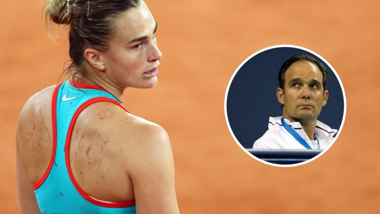 Image of Aryna Sabalenka looking on during her win over Iga Swiatek at the 2025 French Open, inset of Paul Annacone watching Roger Federer play at ...