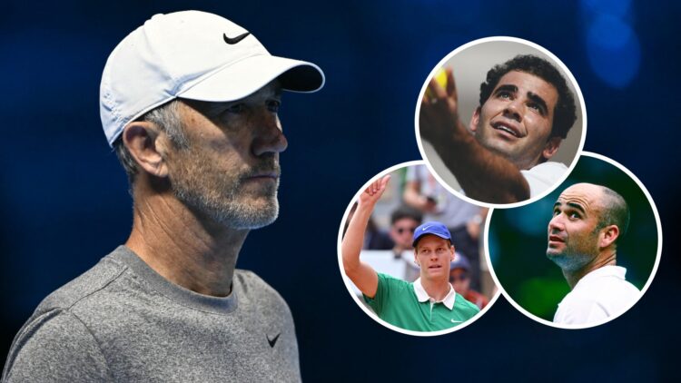 Image of Darren Cahill looking on during the 2024 ATP Final, inset of Jannik Sinner celebrating his win at the 2025 French Open, inset of Pete Samp...