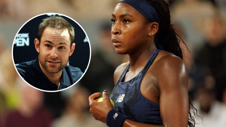 Coco Gauff looks on during the 2025 French Open, inset Andy Roddick attends a press conference at the 2019 New York Open