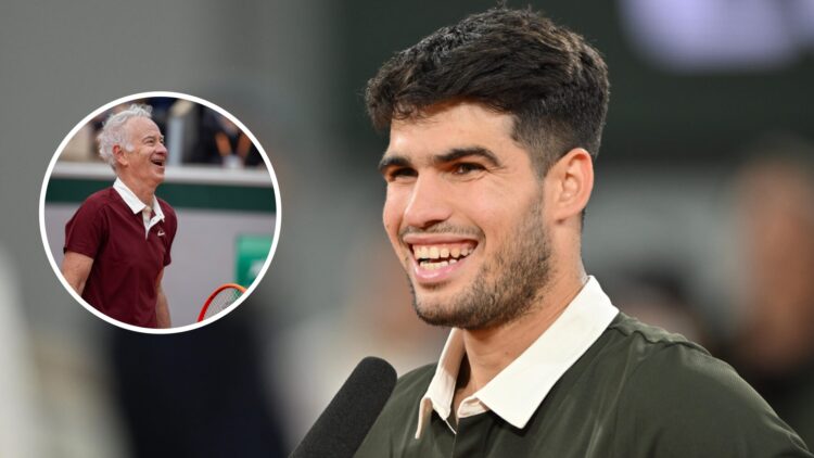 Image of Carlos Alcaraz speaking to the media after his win over Lorenzo Musetti at the 2025 French Open, inset of John McEnroe laughing while play...