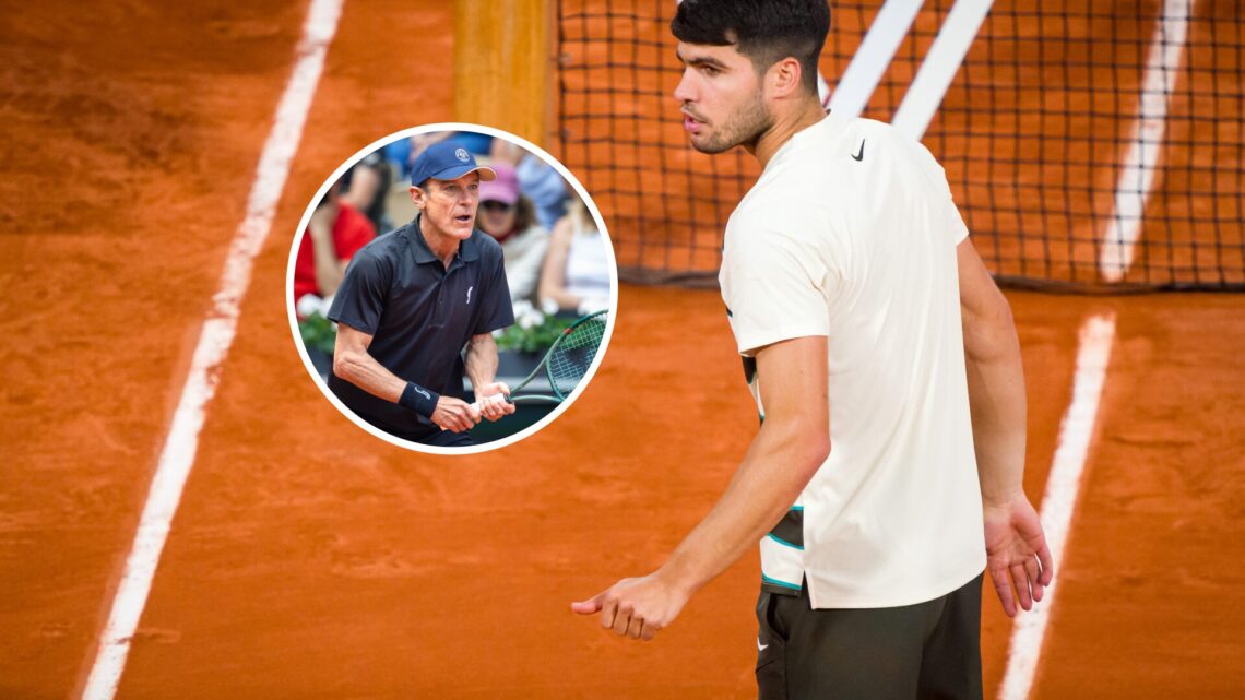 Carlos Alcaraz in action against Lorenzo Musetti and Inset: Mats Wilander