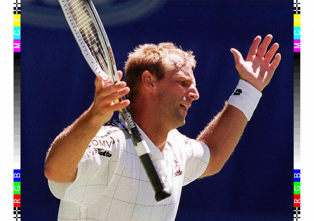 Thomas Muster of Austria shows his frustration at losing a point to world No. 1 Pete Sampras of the US in the semi-finals of the Australian Open tennis tournament in Melbourne.