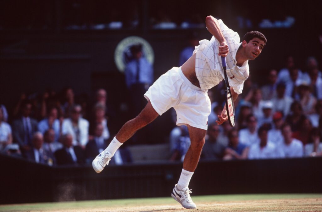 Pete Sampras serves during the Wimbledon final in 1995 against Boris Becker.