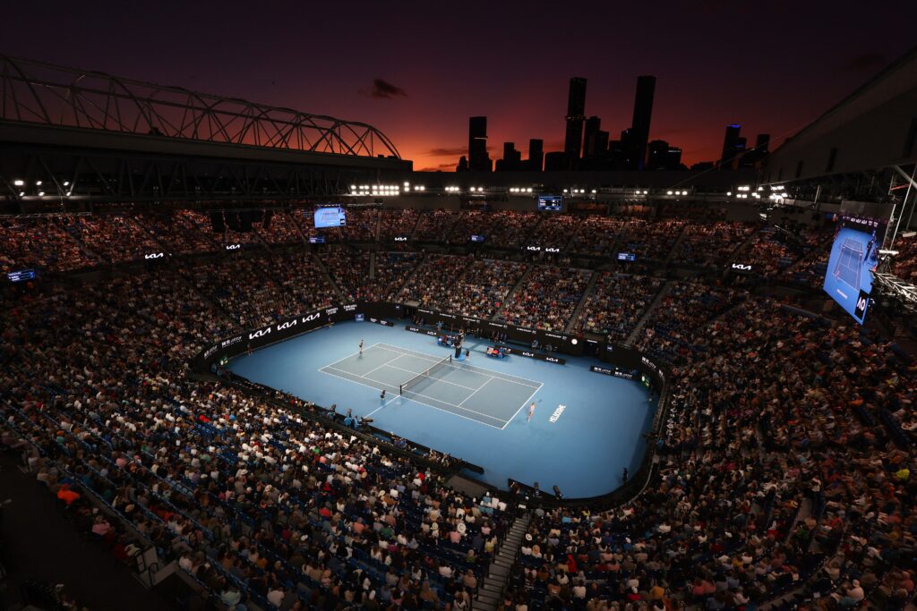 A view of Rod Laver Arena from above during the night session at the 2022 Australian Open