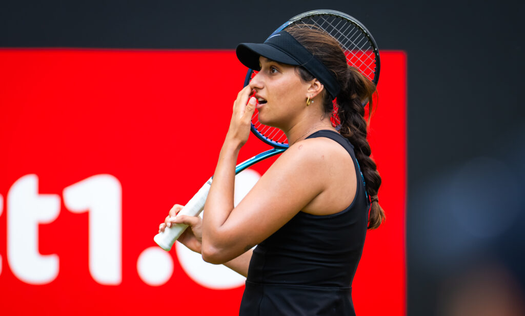 Jaimee Fourlis reacts during her match with Caroline Garcia at the 2023 Berlin Open
