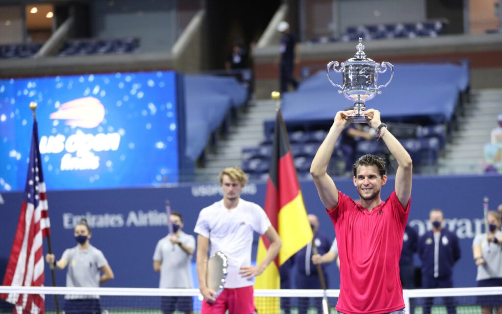 Dominic Thiem hoisting the US Open title in 2020.