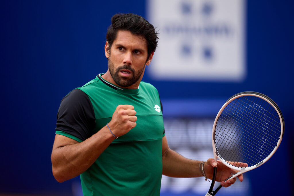 Federico Gaio celebrates a point against Andrey Rublev at the 2021 Barcelona Open
