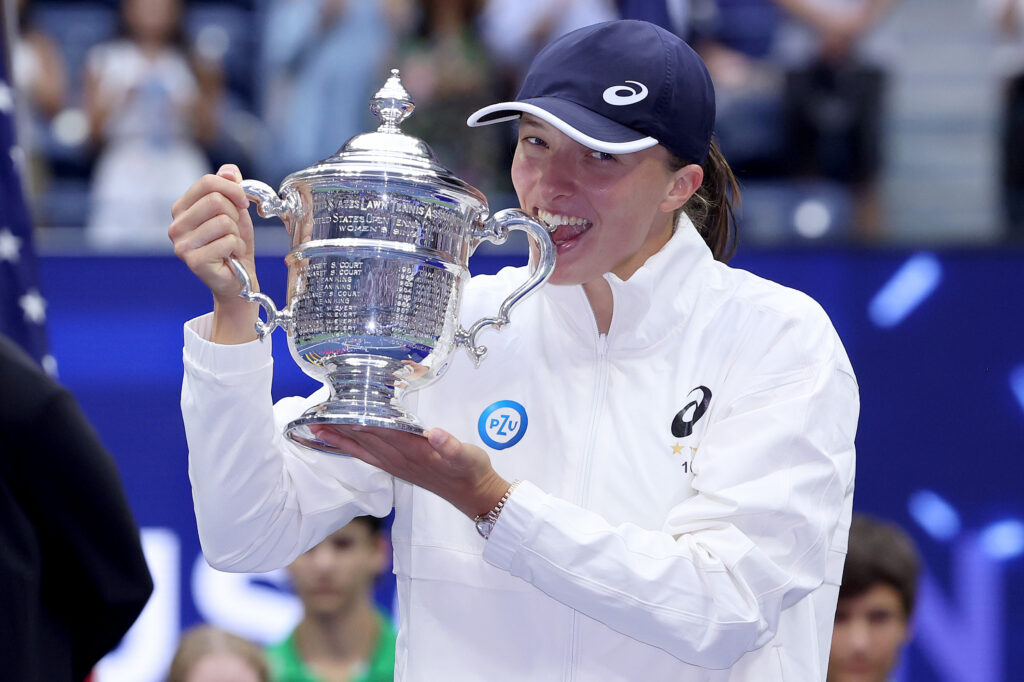 Iga Swiatek of Poland celebrates with the championship trophy after defeating Ons Jabeur of Tunisia during their Women’s Singles Final match on Day Thirteen of the 2022 US Open at USTA Billie Jean King National Tennis Center.