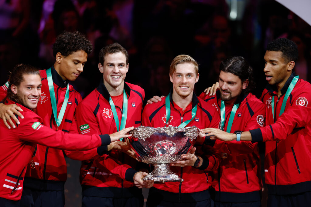 Vasek Pospisil, Denis Shapovalov, Felix Auger-Aliassime, Alexis Galarneau, Gabriel Diallo and Frank Dancevic of Canada celebrate the victory with the trophy after winning the Davis Cup Finals 2022, Finals round, played against Australia at Palacio de Deportes Martin Carpena pavilion.