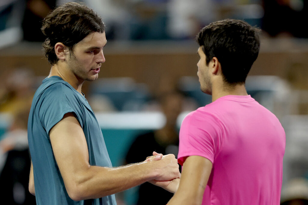 Taylor Fritz and Carlos Alcaraz shake hands after their match at the 2023 Miami Open