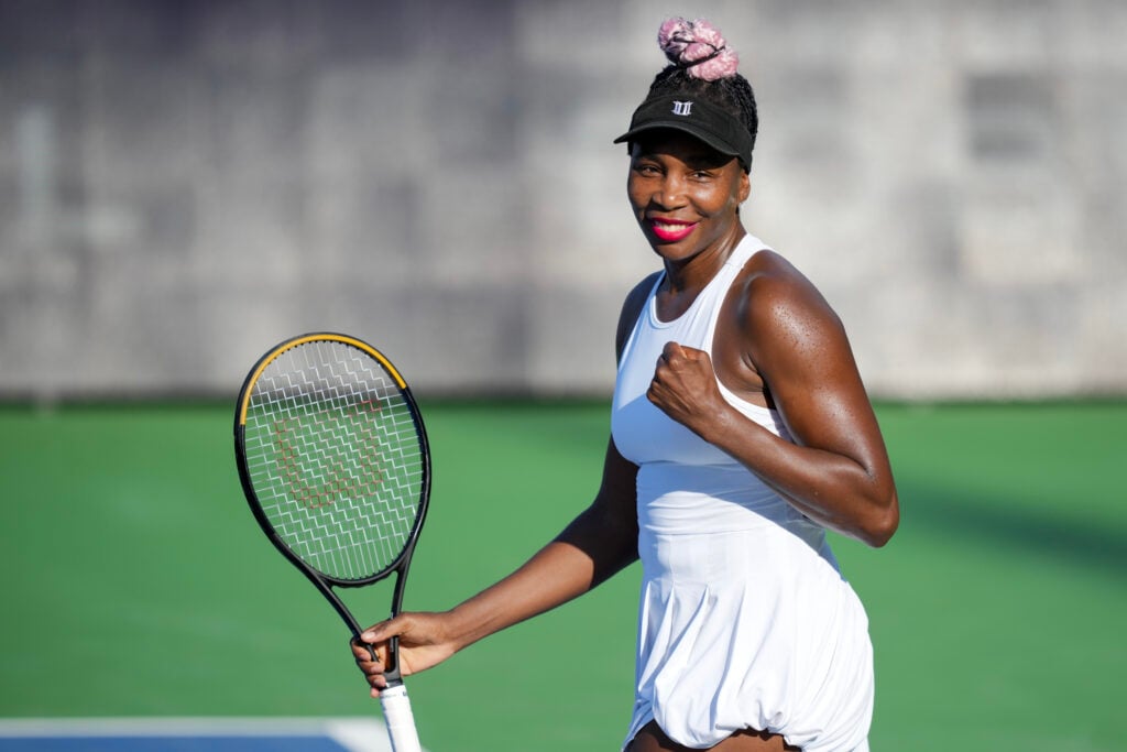Venus Williams of the United States celebrates winning the match point against Veronika Kudermetova of Russia during their second-round match at the Cincinnati Open
