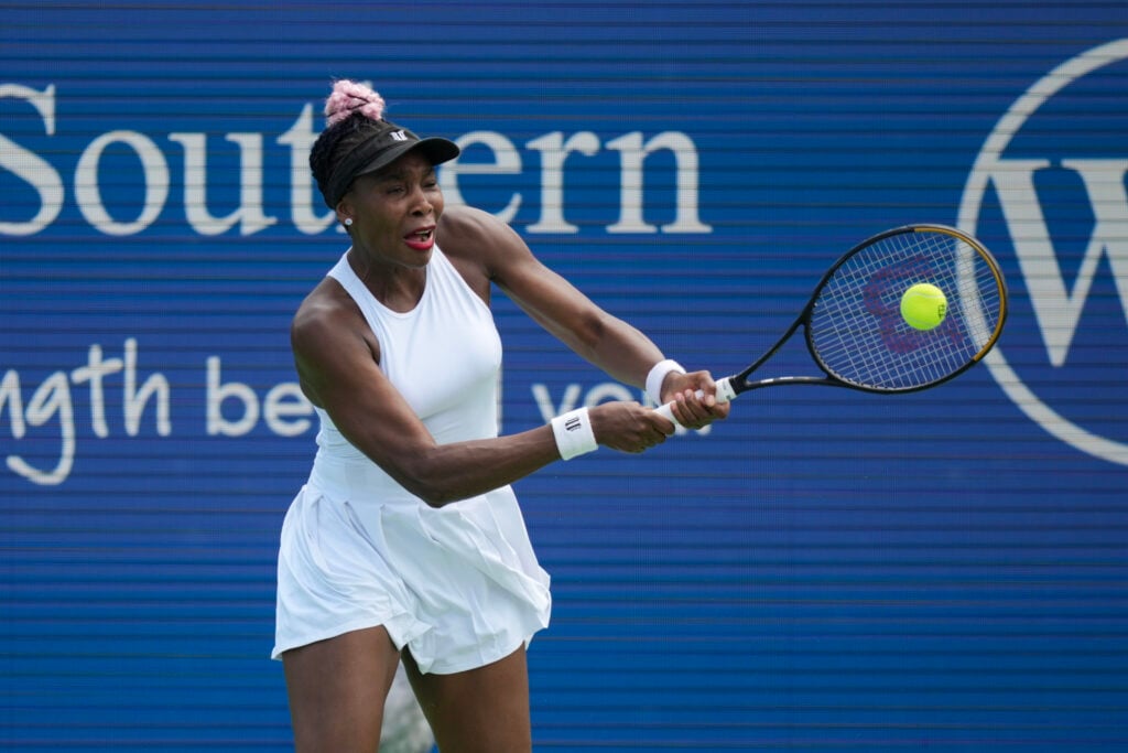 Venus Williams hits a backhand at the 2023 Western and Southern Open in Cincinnati, Ohio