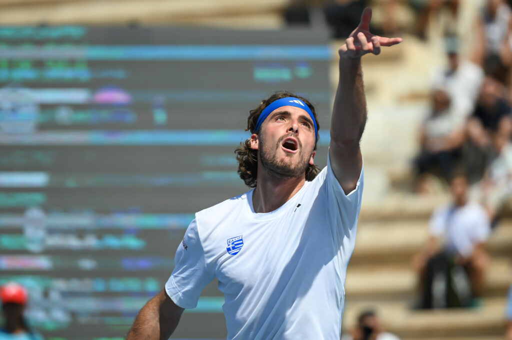Stefanos Tsitsipas serving at the 2023 Davis Cup