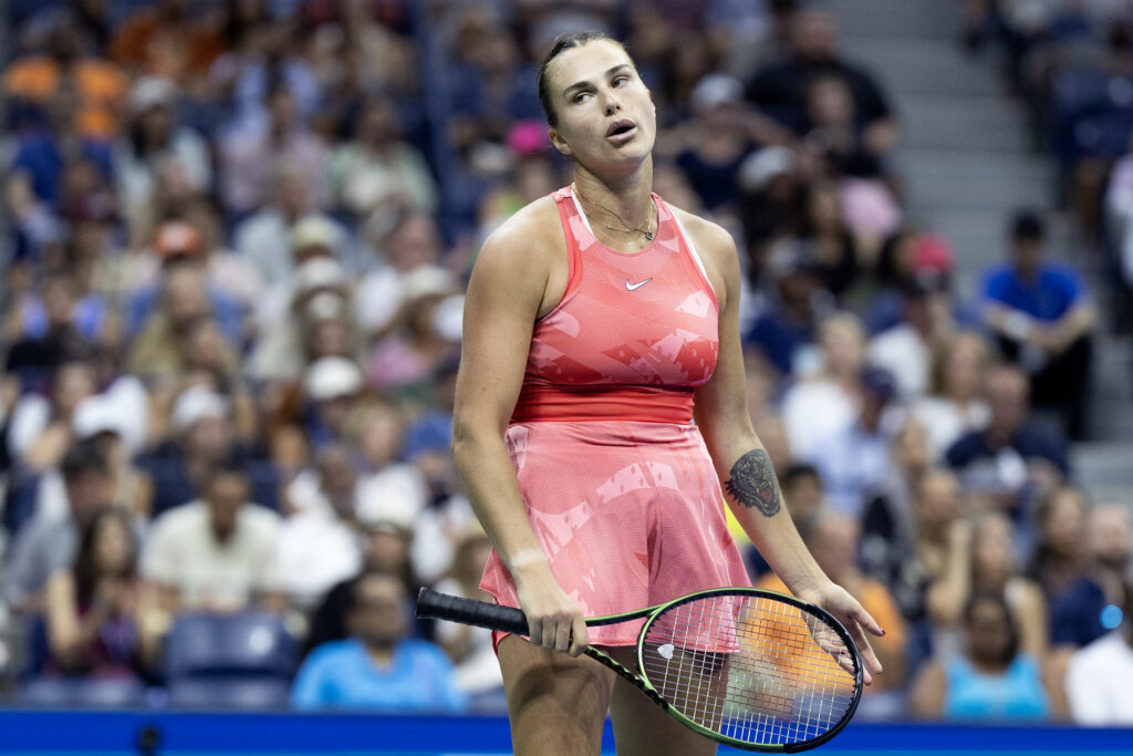Aryna Sabalenka reacts during the 2023 US Open final.