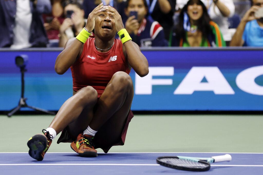 Coco Gauff celebrates after winning the 2023 US Open title.
