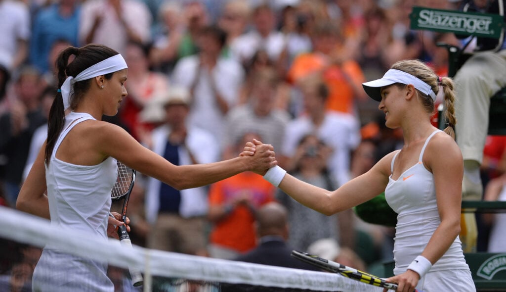 Eugenie Bouchard shakes hands with her opponent after beating Serbia's Ana Ivanovic during their women's second round match on day three of the 2013 Wimbledon Championships tennis tournament at the All England Club in Wimbledon.