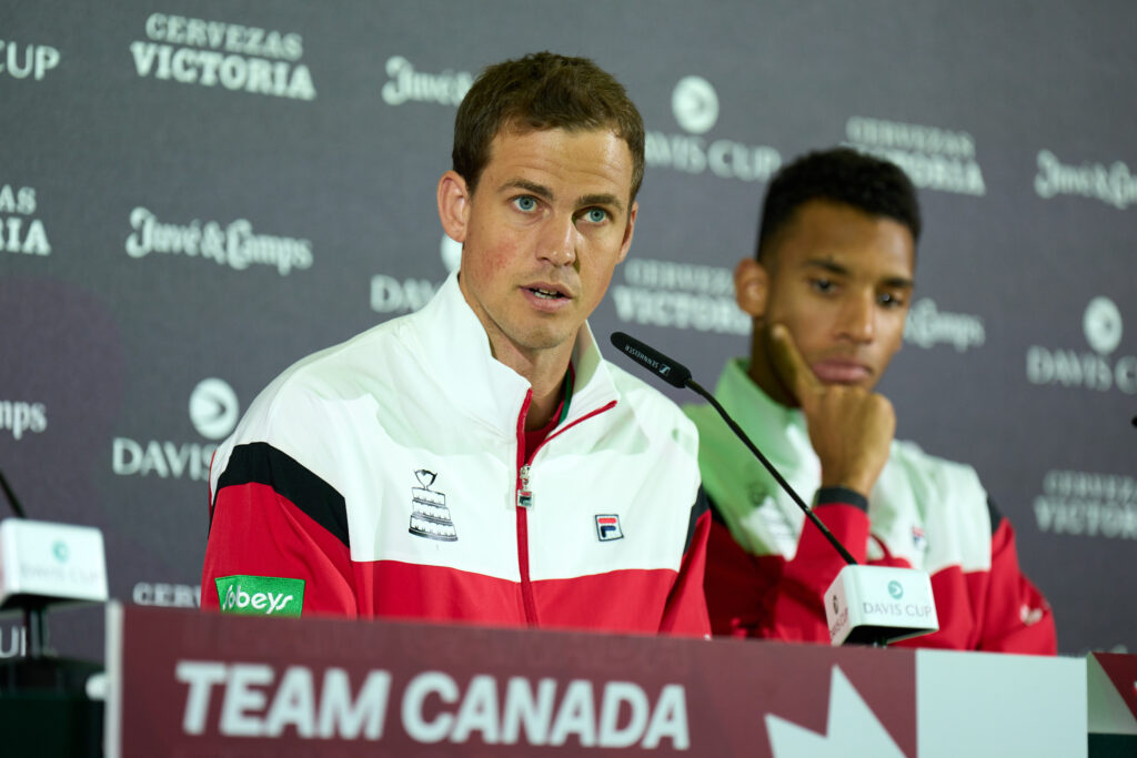 Vasek Pospisil of Canada speaks to the media during a press conference ahead of the Davis Cup Final at Palacio de Deportes Jose Maria Martin Carpena.
