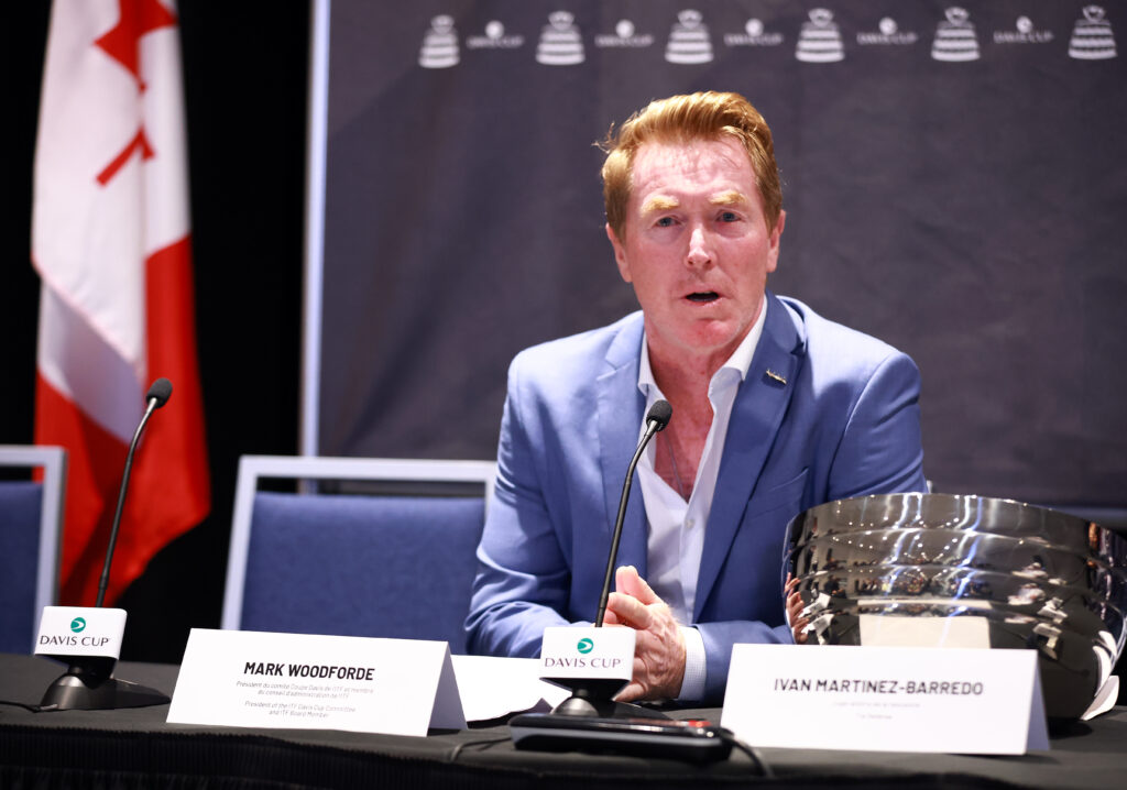 Mark Woodforde speaks during the 2024 Davis Cup draw