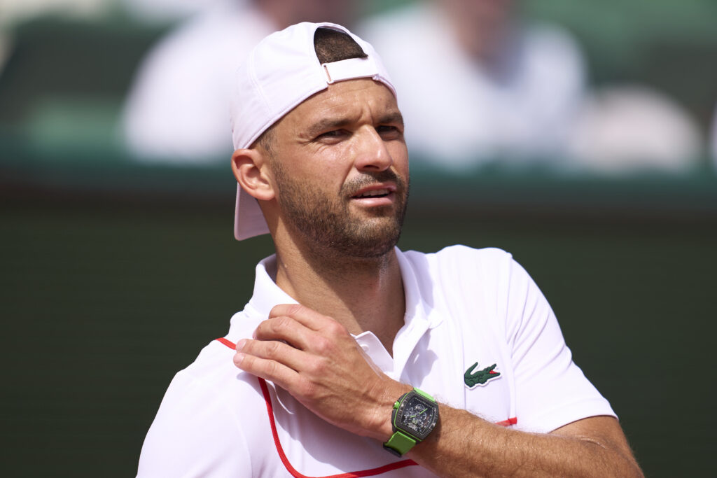 Grigor Dimitrov of Bulgaria looks on against Valentin Vacherot of Monaco in their Men's Singles Round of 64 match during day two of the Rolex Monte-Carlo Masters at Monte-Carlo Country Club.