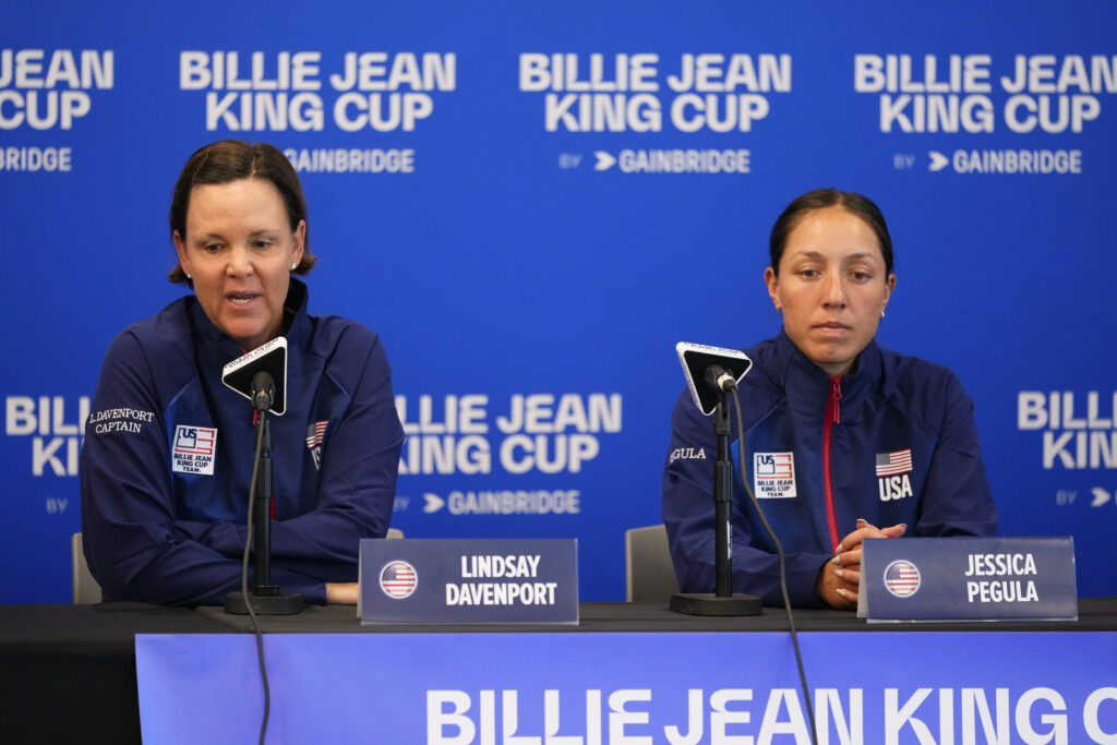 Lindsay Davenport and Jessica Pegula speak during a press conference at the Billie Jean King Cup Qualifier - USA v Belgium