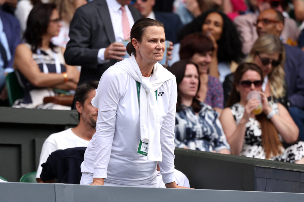 Pam Shriver looks on as Donna Vekic of Croatia plays against Jasmine Paolini of Italy in the Ladies' Singles Semi-Final match during day eleven of The Championships Wimbledon 2024 at All England Lawn Tennis and Croquet Club.