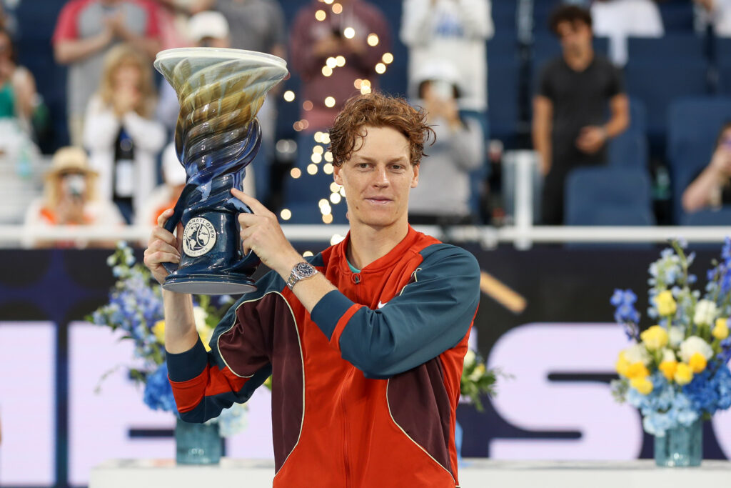 Jannik Sinner poses with the Cincinnati Open title after beating Frances Tiafoe in the 2024 final