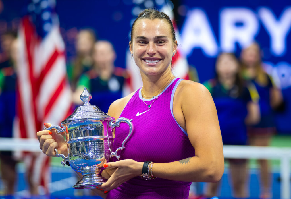 Aryna Sabalenka poses with the champions trophy after defeating Jessica Pegula of the United States in the singles final on Day 13 of the US Open at USTA Billie Jean King National Tennis Center.