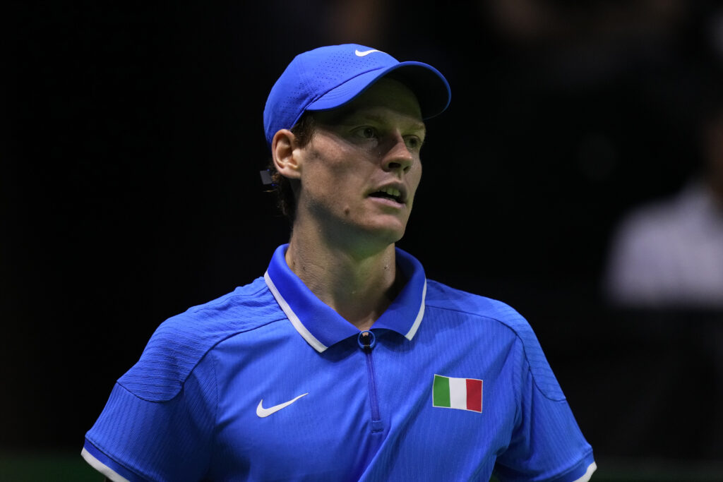 Jannik Sinner of Team Italy during his singles match against Alex de Minaur of Team Australia during the Semi-Final tie between Italy and Australia during the Davis Cup Final at Palacio de Deportes Jose Maria Martin Carpena.