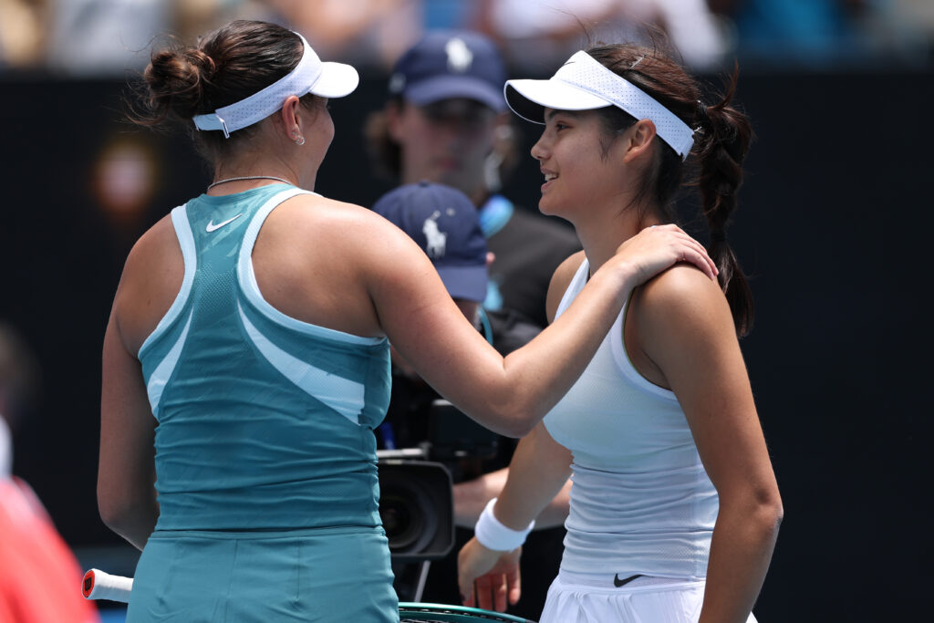 Emma Raducanu and Amanda Anisimova embrace after their 2025 Australian Open second round match