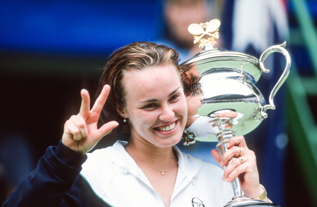Martina Hingis poses with the trophy after winning the 1999 Australian Open final