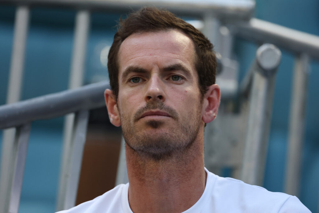 Andy Murray looks on against Sebastian Korda during their match on Day 10 of the Miami Open at Hard Rock Stadium.