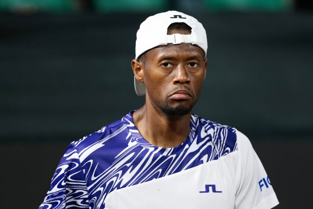 Christopher Eubanks of the United States reacts against Rinky Hijikata of Australia on Day 2 of the Fayez Sarofim & Co. U.S. Men's Clay Court Championship at River Oaks Country Club.